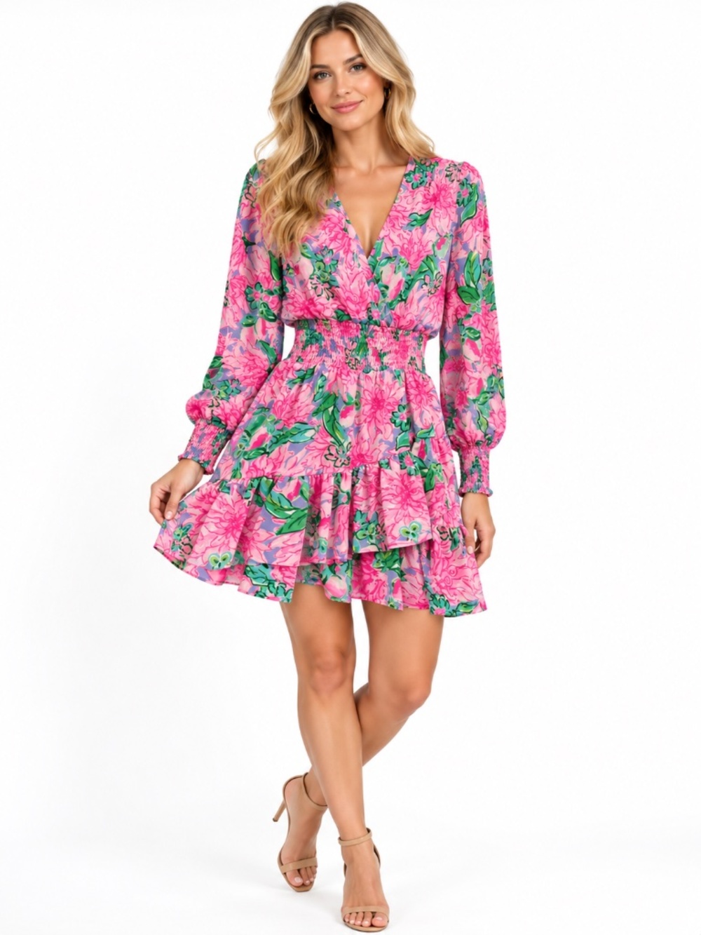 NWT Lilly Pulitzer Cristiana Stretch Dress 2 Pink Floral Long Sleeve Tiered Mini